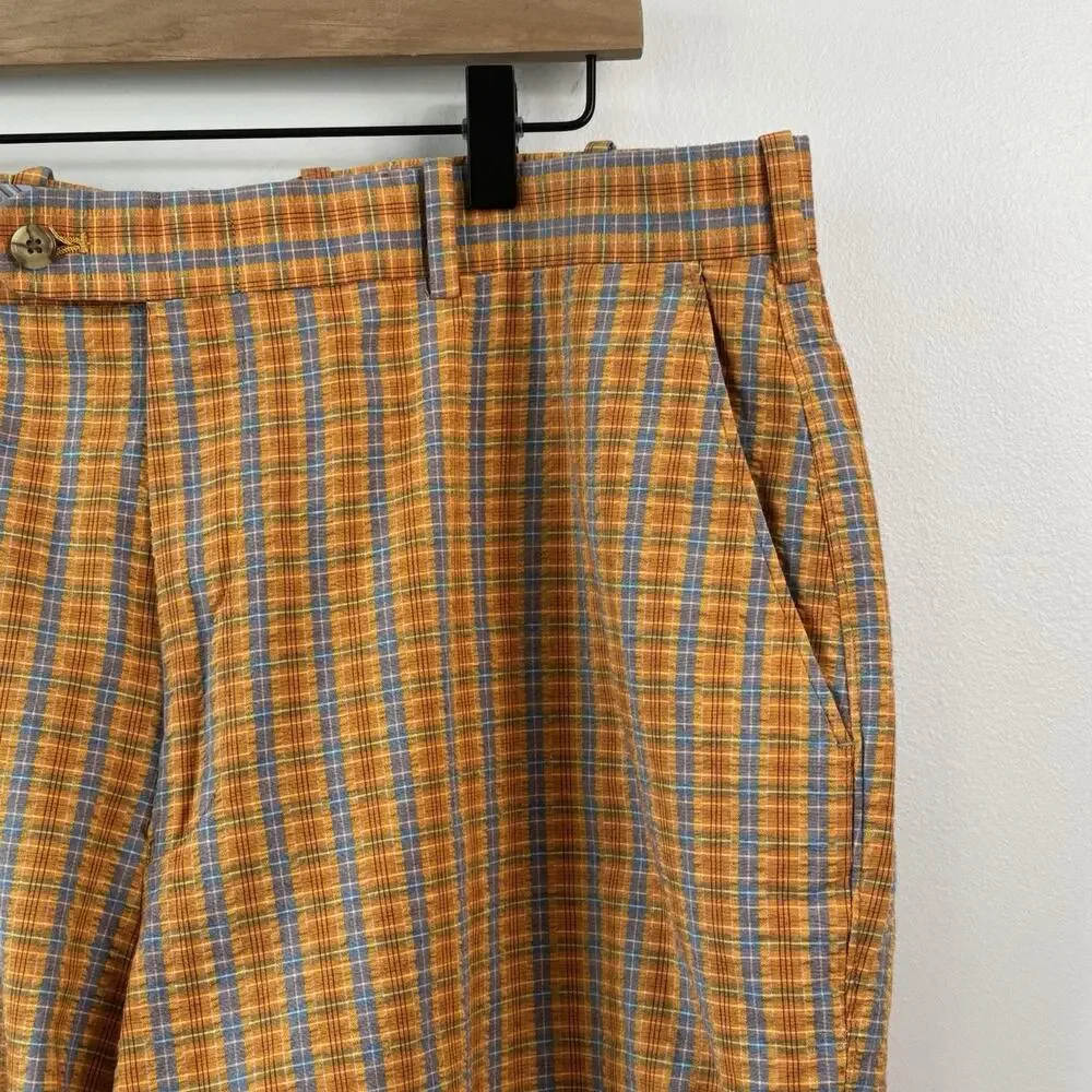 Peter Millar Men Shorts 38 Orange Blue Plaid Golf Cotton Flat Front Casual
